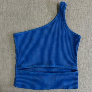 Blue Ribbed One Shoulder Cutout Crop Top